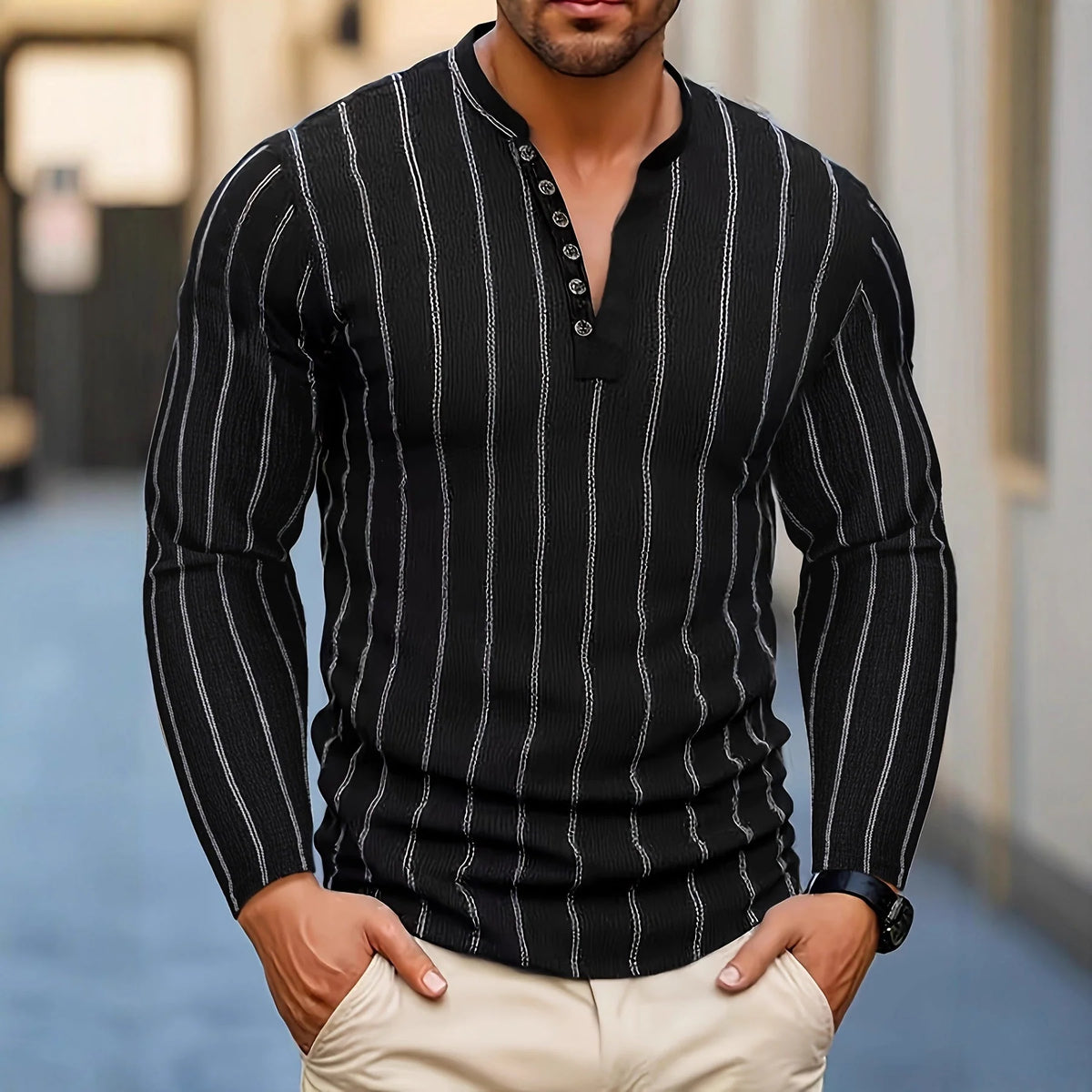 FallWinter Casual Striped Crew-neck Single-breasted Long-sleeve Top